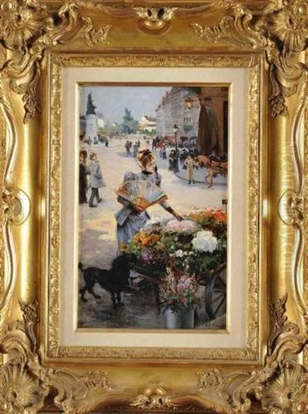 Le Marchand De Fleurs Place De Clichy Oil Painting by Ricardo (Federico) Corchon y Diaque