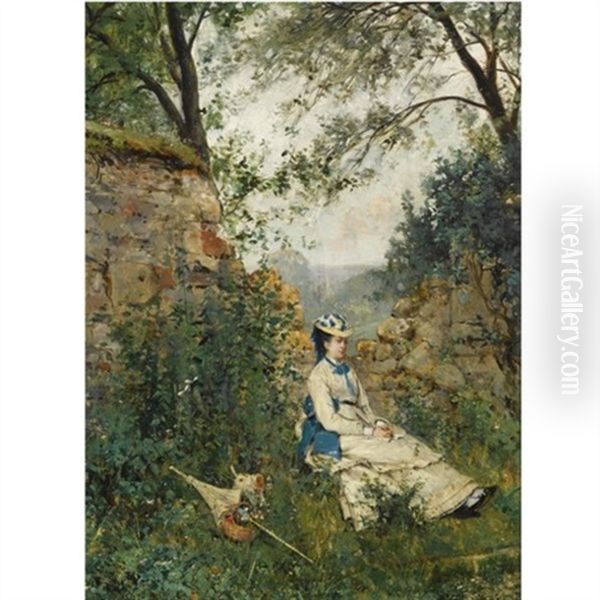 A Summer Landscape With An Elegant Lady At Rest Oil Painting by Ricardo (Federico) Corchon y Diaque