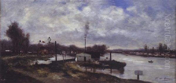 Les Bords De Marne Oil Painting by Ricardo (Federico) Corchon y Diaque