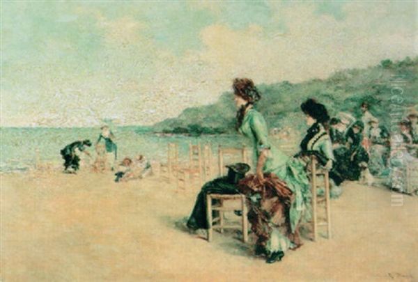 An Elegant Company On The Beach by Ricardo (Federico) Corchon y Diaque