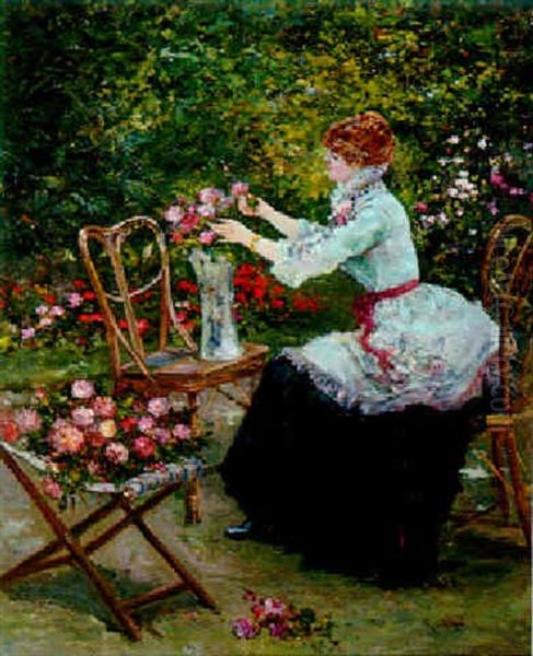 Arranging A Bouquet Of Flowers Oil Painting by Ricardo (Federico) Corchon y Diaque