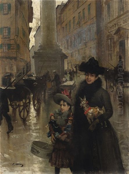 Piazza Santa Trinita, Florence Oil Painting by Vittorio Matteo Corcos