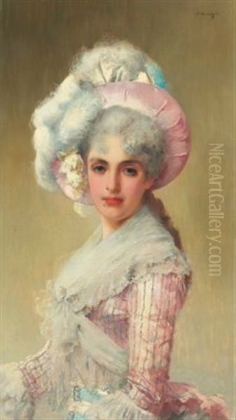 An Elegant Lady In A Pink Hat And Dress Oil Painting by Vittorio Matteo Corcos