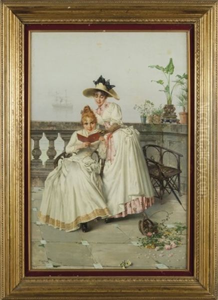 Due Ragazze Sul Terrazzo Oil Painting by Vittorio Matteo Corcos