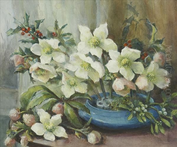 Christmasroses And Holly In A Blue Earthenware Bowl Oil Painting by Maud Angell