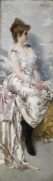 Junge Dame In Weisem Kleid Mit Blumen (ritratto Die Giovane Donna In Abito Binaco Con Fiori) Oil Painting by Vittorio Matteo Corcos