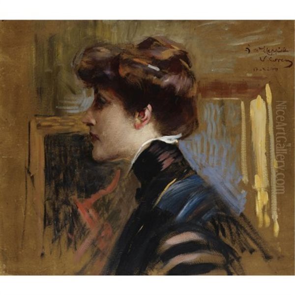 Portrait Of Madame Capiello (+ Interior Sketch; Verso) Oil Painting by Vittorio Matteo Corcos