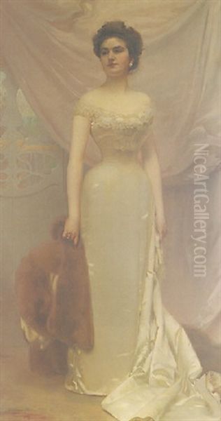 Portrait Of Countess Corazzini With A Fur Stole Oil Painting by Vittorio Matteo Corcos