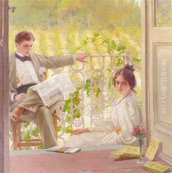 An Afternoon On The Porch Oil Painting by Vittorio Matteo Corcos