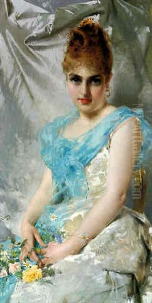 An Elegant Lady With Flowers Oil Painting by Vittorio Matteo Corcos