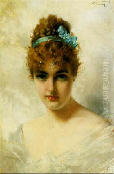 A Young Girl In Blue And White Oil Painting by Vittorio Matteo Corcos