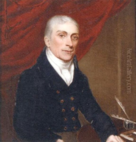 Charles Pennington M.d., In A Black Coat And White Waistcoat And Cravat, His Left Arm Leaning On A Table With A Quill And Ink; Crimson Drapery Background Oil Painting by William Corden