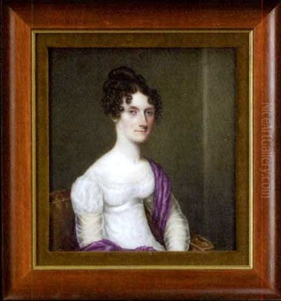 Portrait Of A Lady Attired In An Empire-style White Gown With Aubergine Sash, Seated Upon A Canape Oil Painting by William Corden