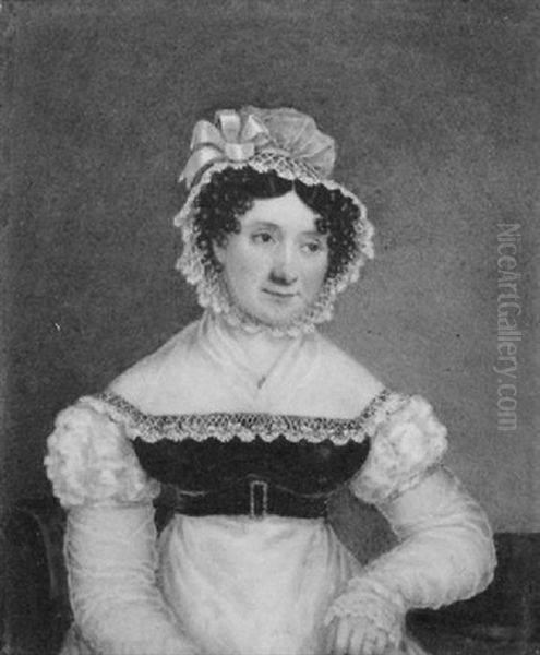 Mrs. Evans, Resting Her Left Arm On A Table, Wearing White Dress With Gauze Sleeves And Fichu Oil Painting by William Corden