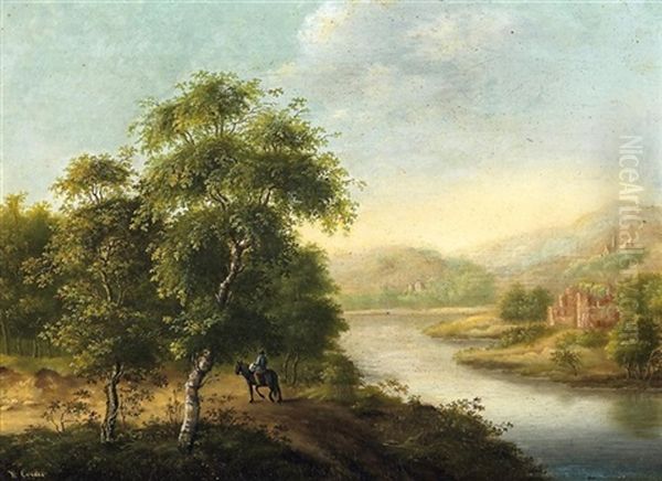 Sommerliche Fluslandschaft Mit Reiter Oil Painting by Johann-Wilhelm Cordes