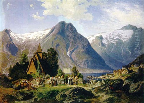 Sonntaglicher Kirchgang In Norwegen Oil Painting by Johann-Wilhelm Cordes