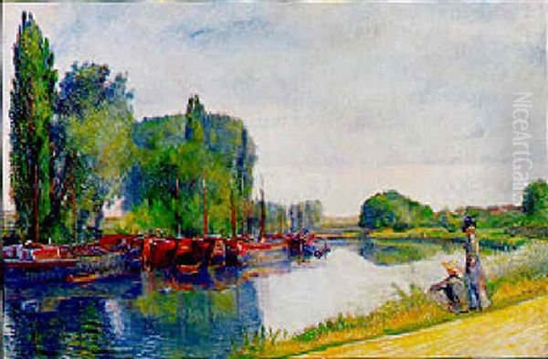 Peniches Sur Le Canal Oil Painting by Frederic Samuel Cordey