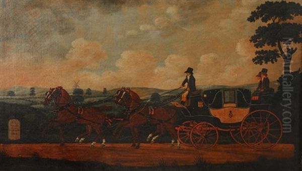 A Coach And Four About To Pass A Milestone Oil Painting by John Cordrey