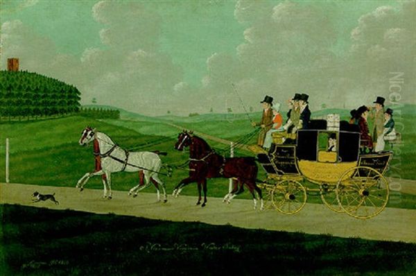 The Taunton To London Coach, Near Virginia Water, Surrey, With A Plantation On The Left Oil Painting by John Cordrey