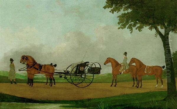 A Curricle And Grooms On A Road In An Extensive Landscape Oil Painting by John Cordrey