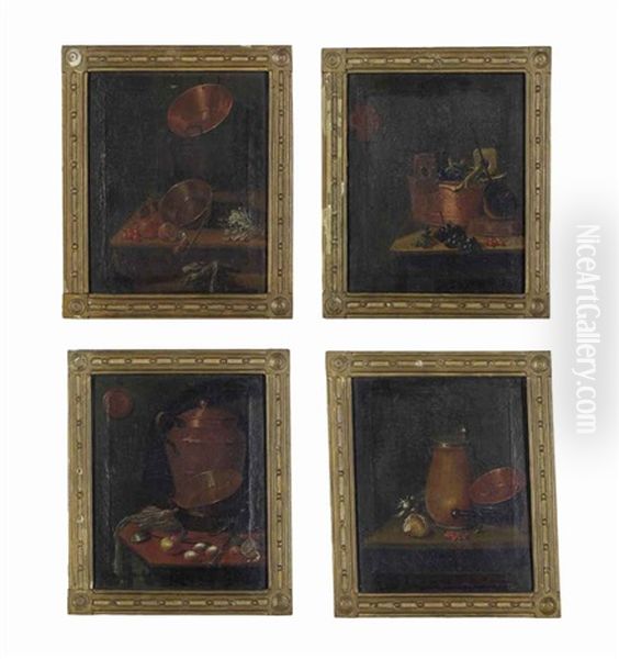 Copper Vessels, Oranges, Cherries And Vegetables On A Wooden Table And Others (4 Works) Oil Painting by Johannes Cordua