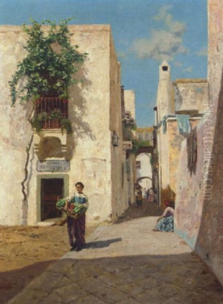 A Sunny Street In Capri Oil Painting by Augusto Corelli