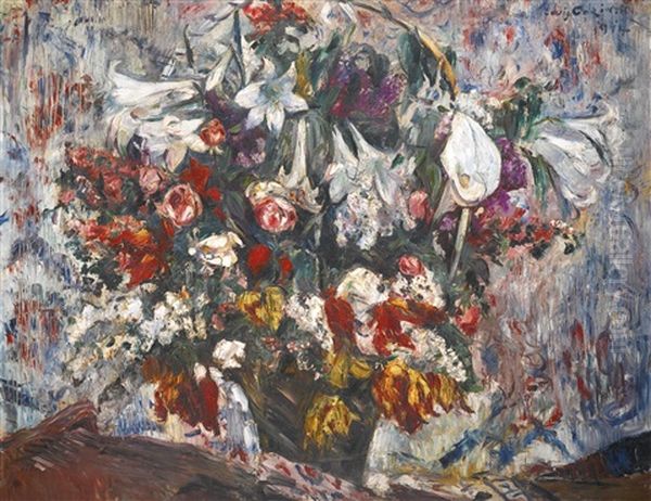 Blumenkorb Mit Amaryllis, Flieder, Rosen Und Tulpen (flower Basket With Amaryllis, Lilac, Roses And Tulips) Oil Painting by Lovis Corinth