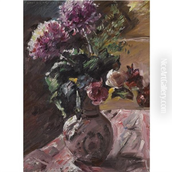 Chrysanthemen Und Rosen Im Krug (chrysanthemums And Roses In A Pitcher) Oil Painting by Lovis Corinth