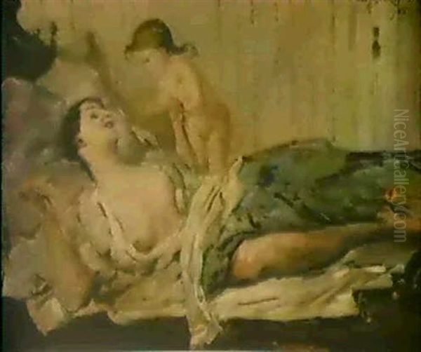 Tandelei, Ii. Fassung. Charlotte Corinth Wirft Scherzend Derkleinen Tochter Ein Rotes Bandchen Zu Oil Painting by Lovis Corinth