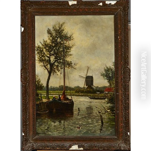 Boaters By A Farm With Windmill Oil Painting by Jacobus van Corkum