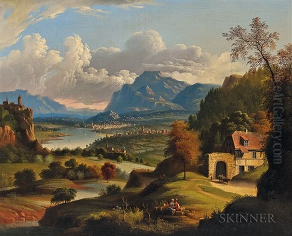 Idyllic Landscape With Lake, Castle, And Distant Town Oil Painting by Michele Felice Corne