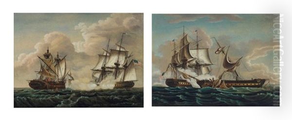 A Pair Of Naval Battle Scenes: United States Vs. Macedonian And Constitution Vs. Guerriere Oil Painting by Michele Felice Corne