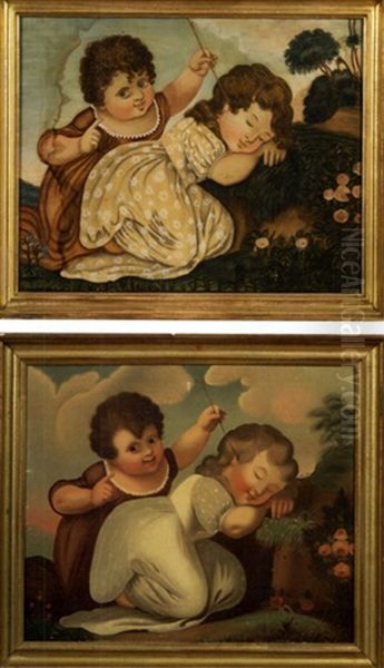 Portrait Of Two Children In Landscape (+ Another, Watercolor On Silk; Pair) Oil Painting by Michele Felice Corne