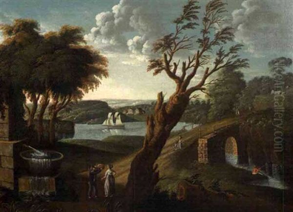 Idyllic Landscape Figures With Bridge And Ship On A River Oil Painting by Michele Felice Corne