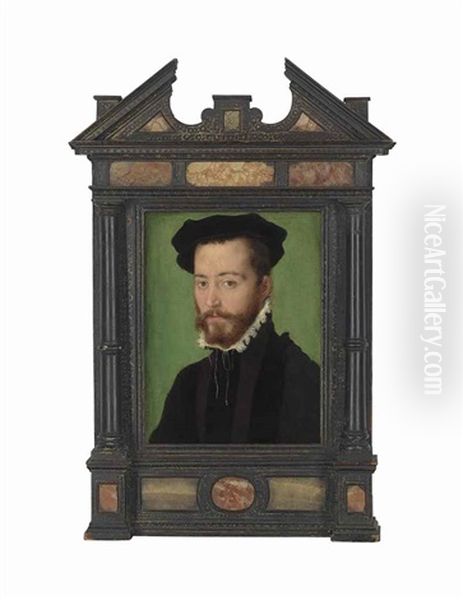 Portrait Of A Gentleman, Bust-length, In A Black Jacket And Collar, Wearing A Beret Oil Painting by  Corneille de Lyon