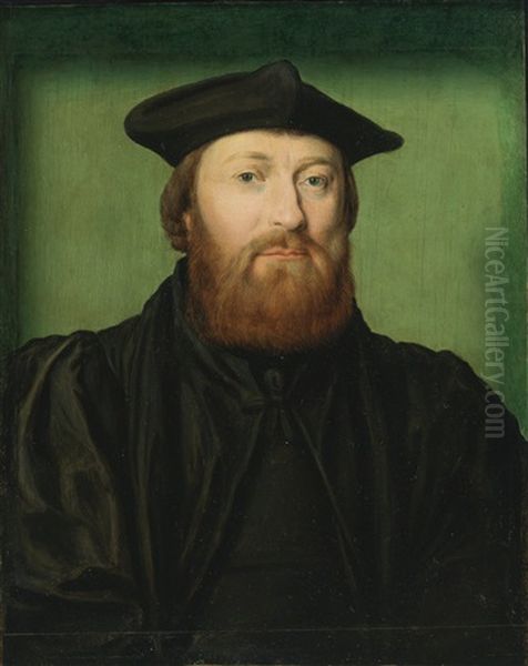 Portrait Of A Gentleman, Wearing A Black Coat And Cap, With A Green Background Oil Painting by  Corneille de Lyon