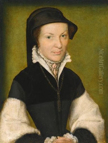 Portrait Of A Lady, Said To Be Marie De Batarny, Half Length, Wearing Black With White Sleeves And A Black Bonnet Oil Painting by  Corneille de Lyon