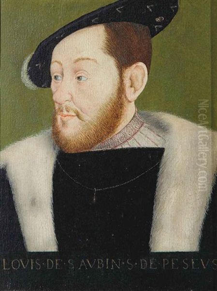 Portrait Of A Gentleman, Said To Be Louis De Saubin De Peseus, Bust-length, In A Black Fur-lined Coat With A Gold Chain And Plumed Black Hat Oil Painting by  Corneille de Lyon