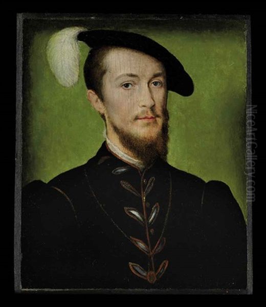 Portrait Of The Duc D'etampes In A Black Tunic With A Gold Chain, White Collar And Plumbed Black Hat Oil Painting by  Corneille de Lyon