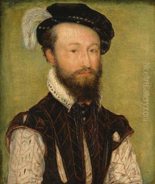 Portrait Of A Man, In A Slashed Jerkin Over A White Doublet In A Black Feathered Cap Oil Painting by  Corneille de Lyon