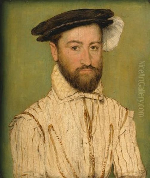 Portrait Of A Bearded Gentleman, In A Black Beret With White Plumage Oil Painting by  Corneille de Lyon