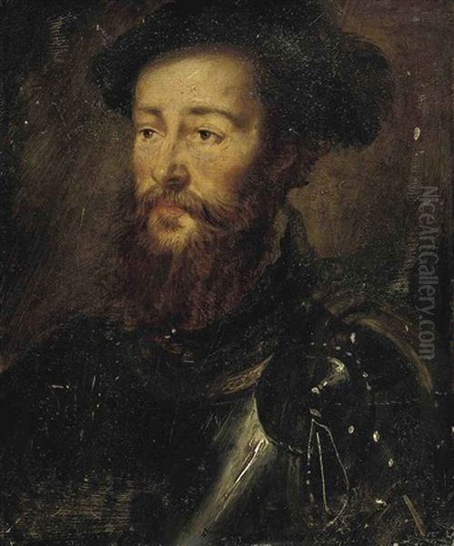 Portrait Of A Bearded Man In A Breast-plate, With A Feathered Cap Oil Painting by  Corneille de Lyon