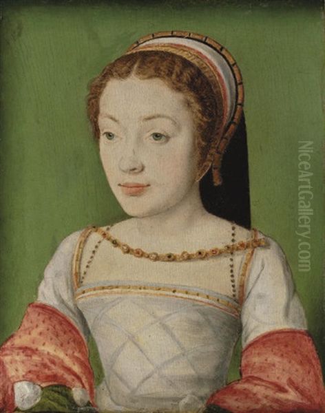 Portrait Of Renee De France In A White Dress With Red Sleeves, With A Jewelled Necklace Oil Painting by  Corneille de Lyon