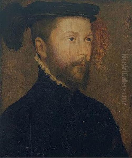 Portrait Of A Gentleman In A Black Coat And Feathered Black Hat Oil Painting by  Corneille de Lyon