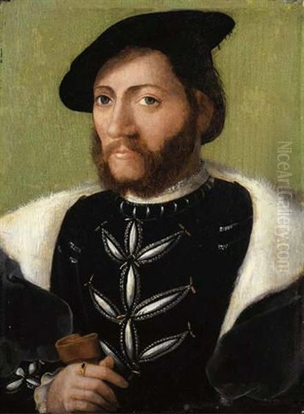 Portrait Of A Bearded Gentleman In A Black Velvet Doublet With A Fur-lined Cloak And Black Cap, Holding A Glove In His Right Hand Oil Painting by  Corneille de Lyon