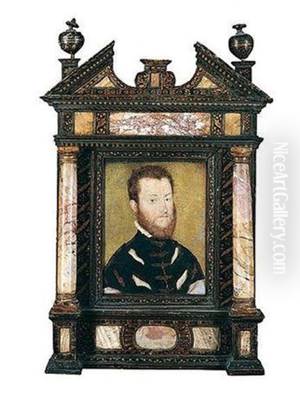 Portrait Of A Bearded Man Wearing A Black Slashed Doublet With Gold Braid Oil Painting by  Corneille de Lyon