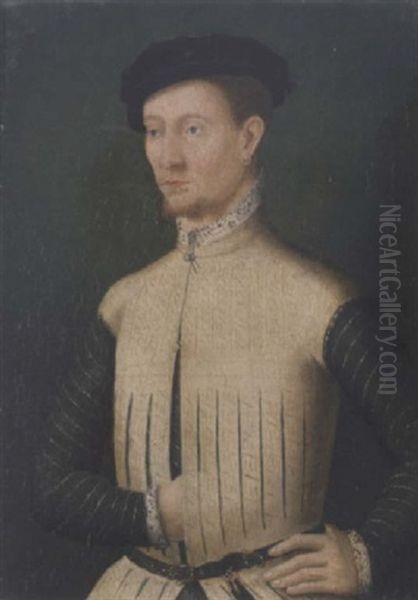 Portrait Of A Gentleman (quirin Gangolphe De Geroldseck?) In A White Slashed Tunic And Black Cap Oil Painting by  Corneille de Lyon