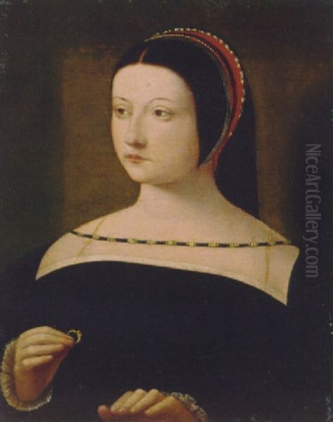 Portrait Of A Lady In A Black Dress, Holding A Jewelled Ring In Her Right Hand Oil Painting by  Corneille de Lyon