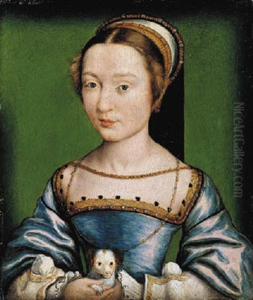 Portrait Of A Lady In A Blue Dress, Holding A Puppy Oil Painting by  Corneille de Lyon