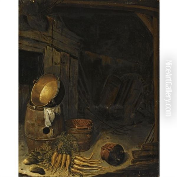 Barn Interior With A Still Life Of Carrots, Gherkins, A Barrel And A Copper Pot, With An Earthenware Bowl And A Strainer by Barent Cornelisz